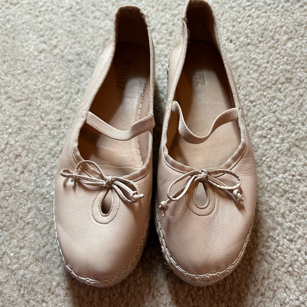 Neutral Blush Ballet Flats with Bow and Elastic Strap